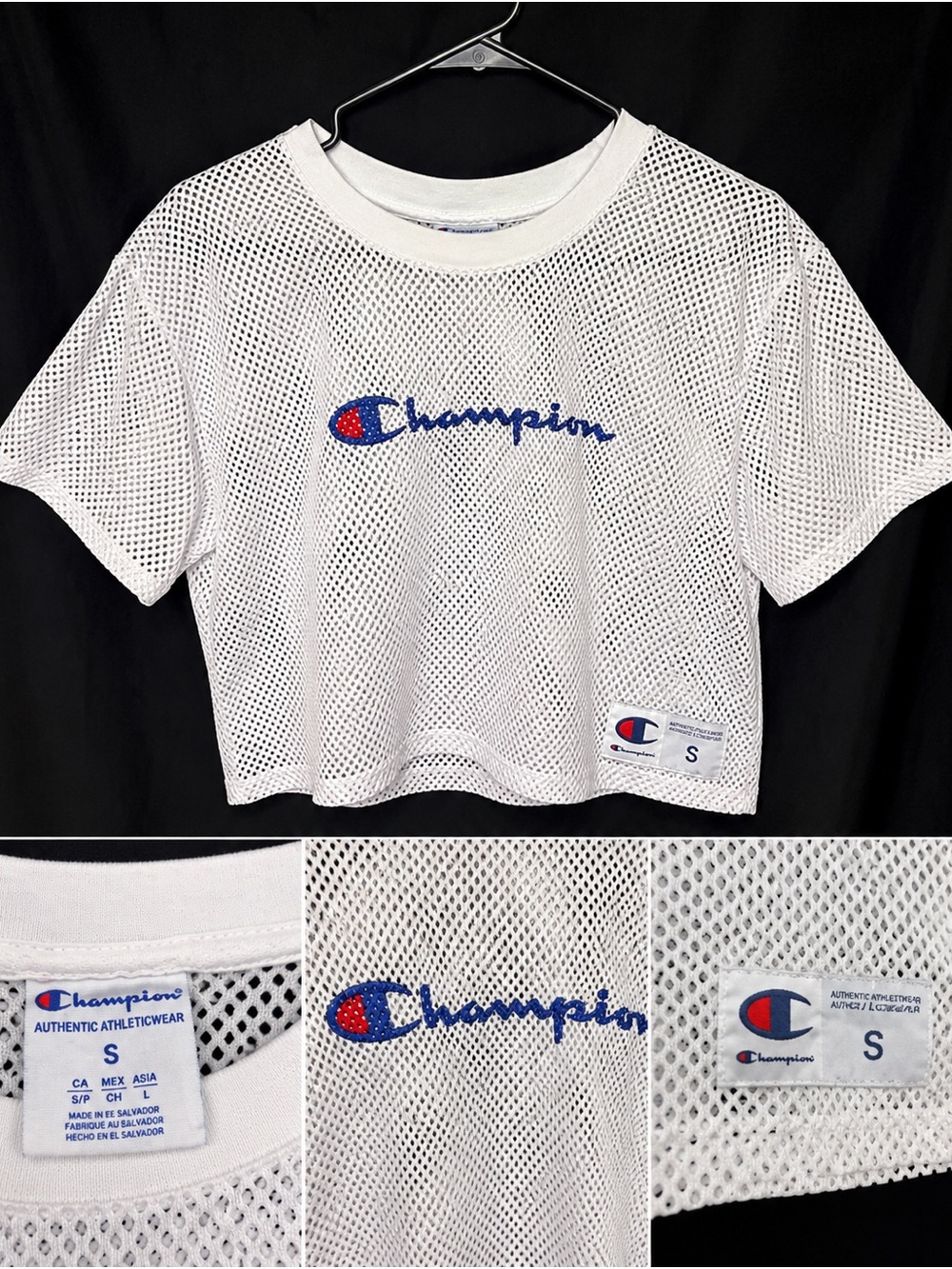 Champion White Mesh Crop Tee with Blue & Red Logo